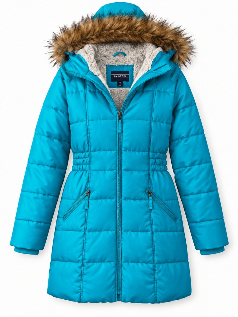 Land’s End Girls Fleece Lined Puffer Parka with Faux Fur Hood | Size 16, XL